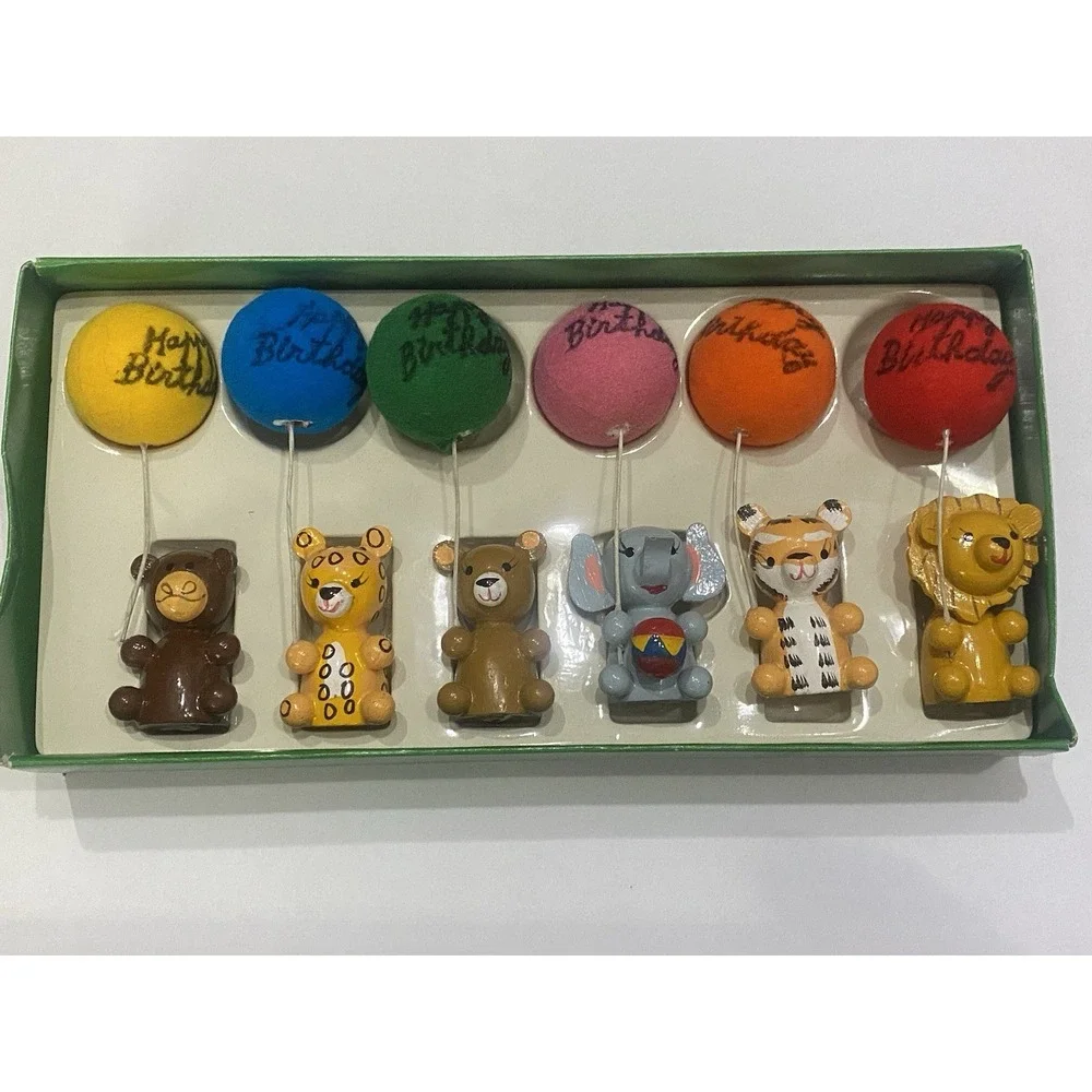 6 Vintage 70's ENESCO Birthday Celebration Animal Figurines w/Balloons Orig Box